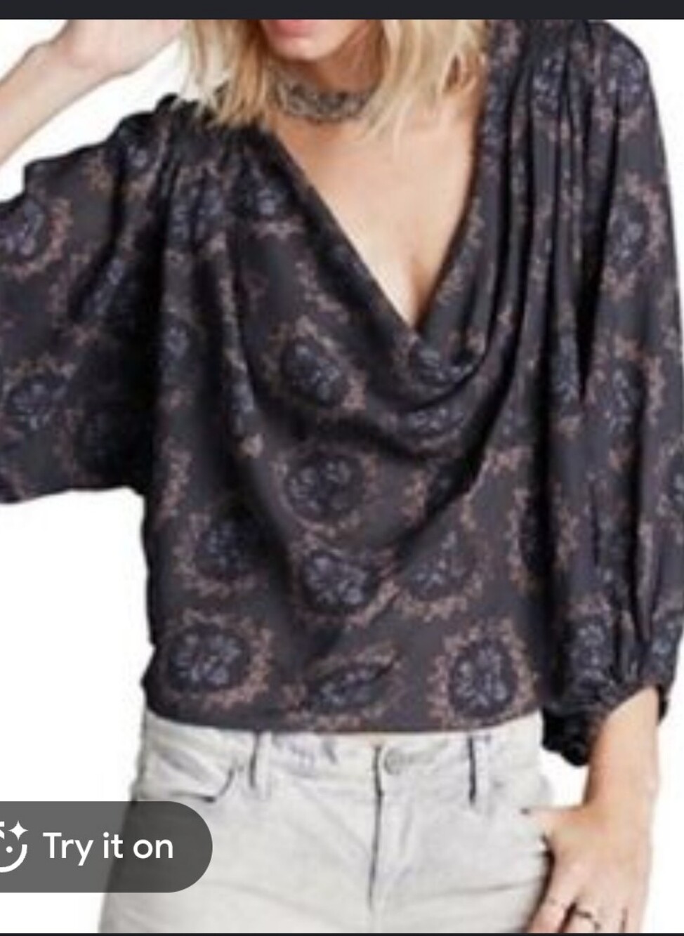 Free People Cowl Neck Floral Blouse with Blue and Brown Medallions